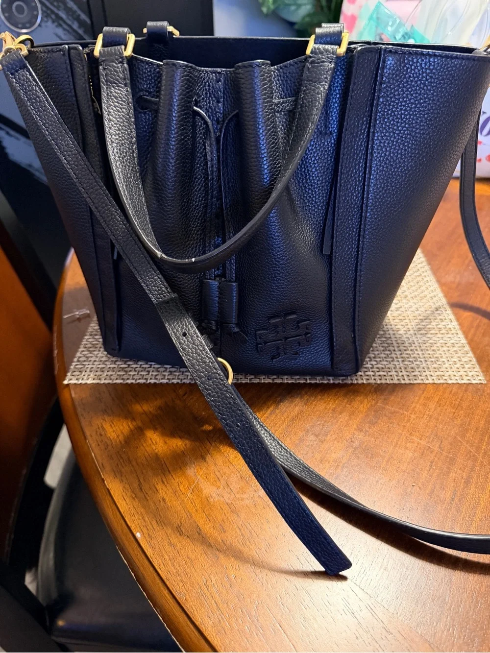 Tory Burch Black Pebbled Leather Drawstring Messenger Bucket Bag
